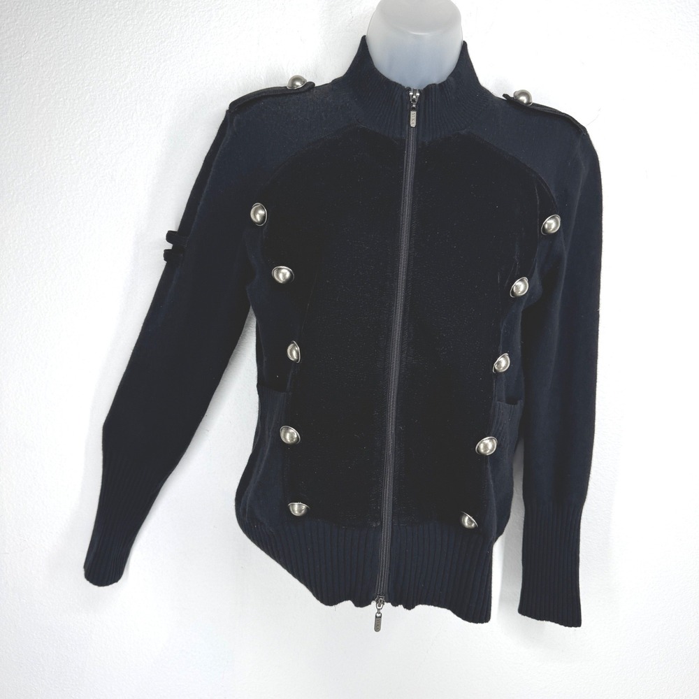 Yuka Platinum Womens Black Military Band Velvet Zip Cardigan Angora Blend Large